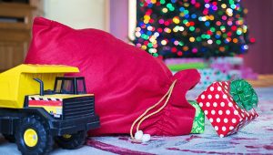 Paketić, kamion igračka i jelka